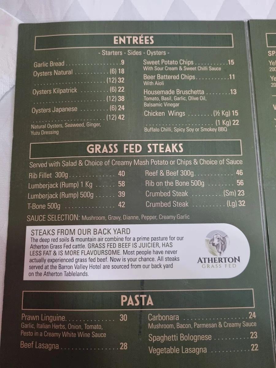 Menu, Barron Valley Hotel