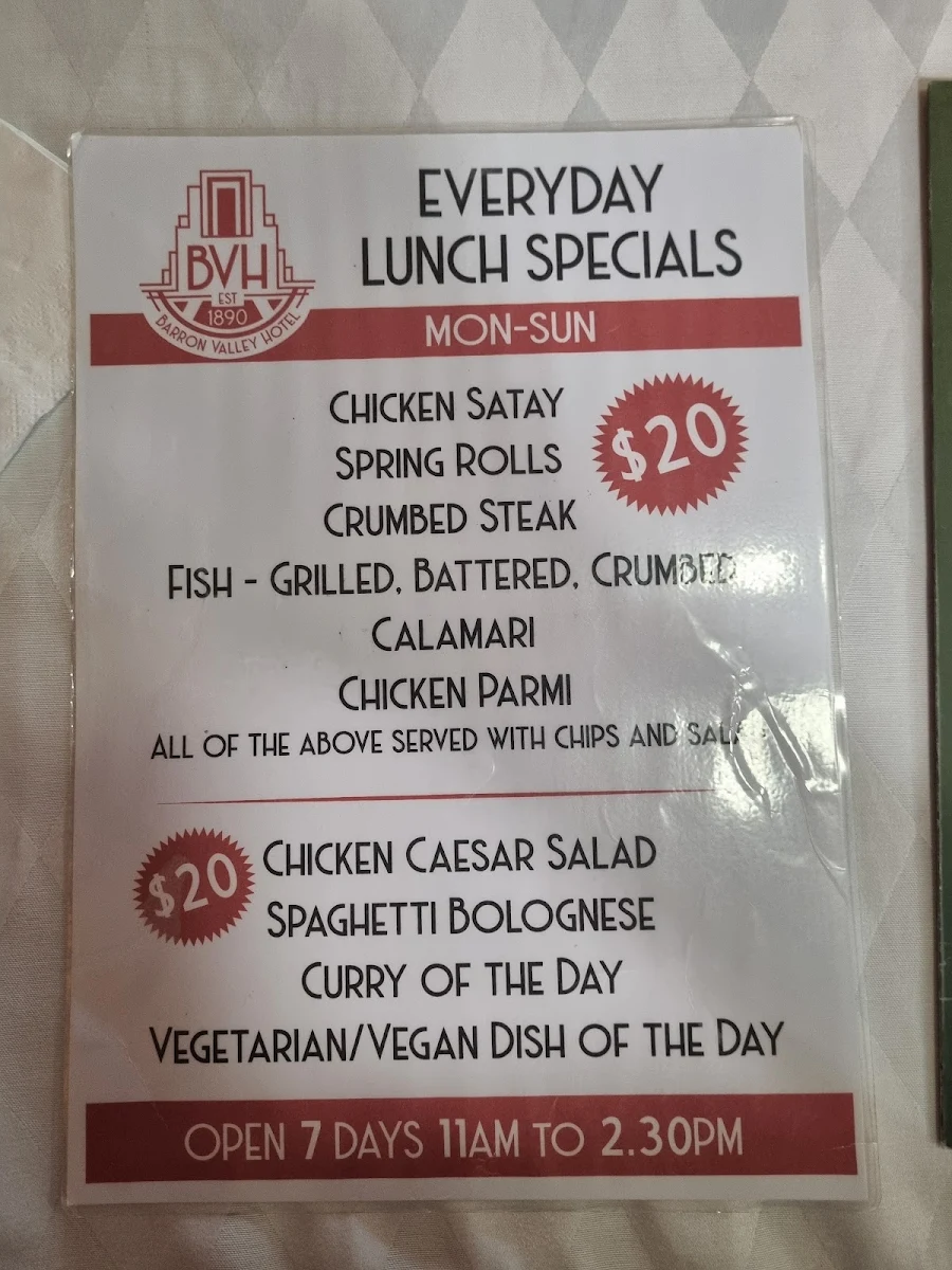 Menu, Barron Valley Hotel