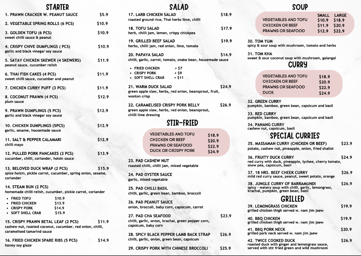 Menu, Siriphen Thai Restaurant (Brighton)