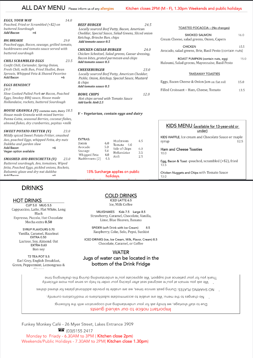 Menu, Funkey Monkey Cafe