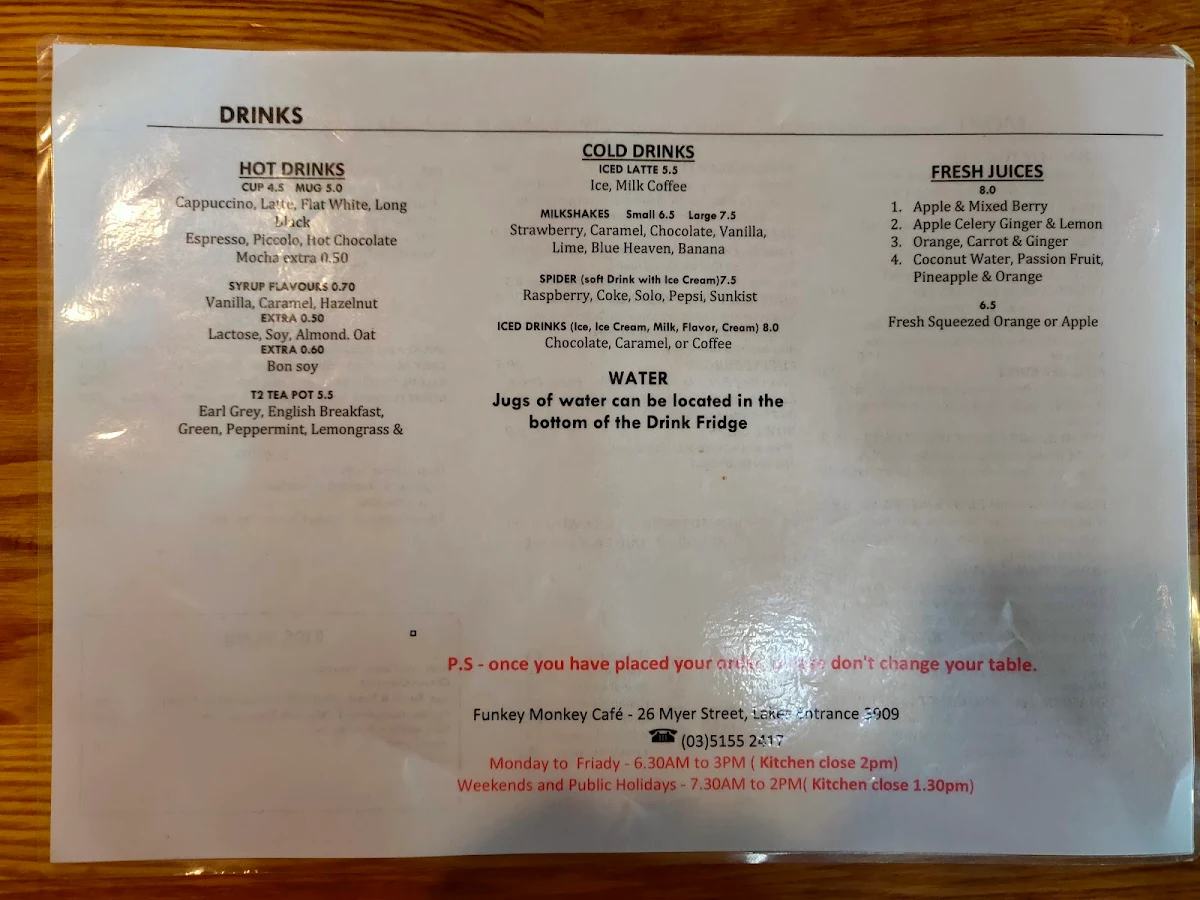 Menu, Funkey Monkey Cafe