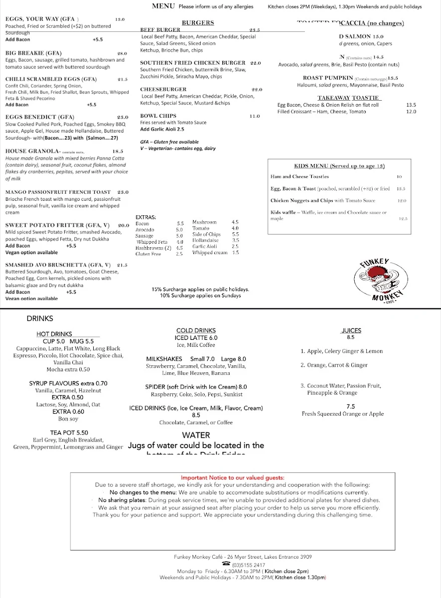 Menu, Funkey Monkey Cafe