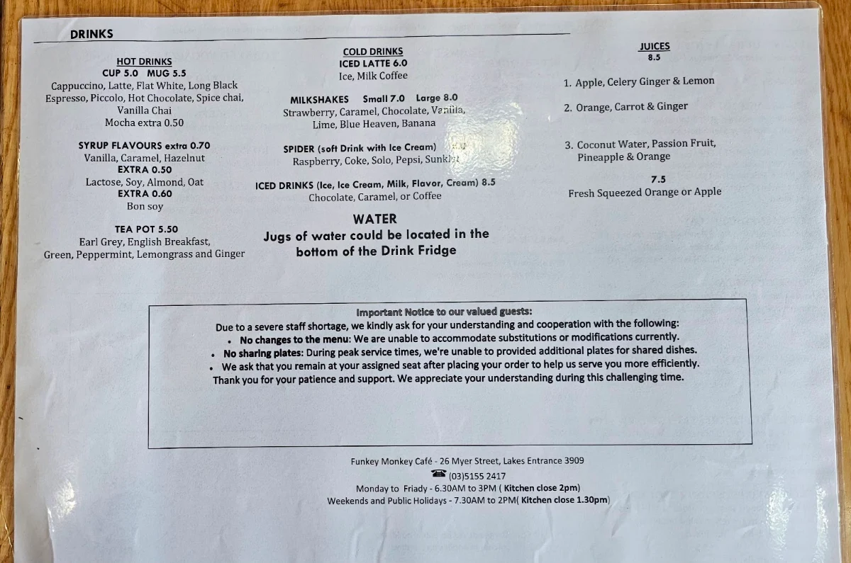 Menu, Funkey Monkey Cafe