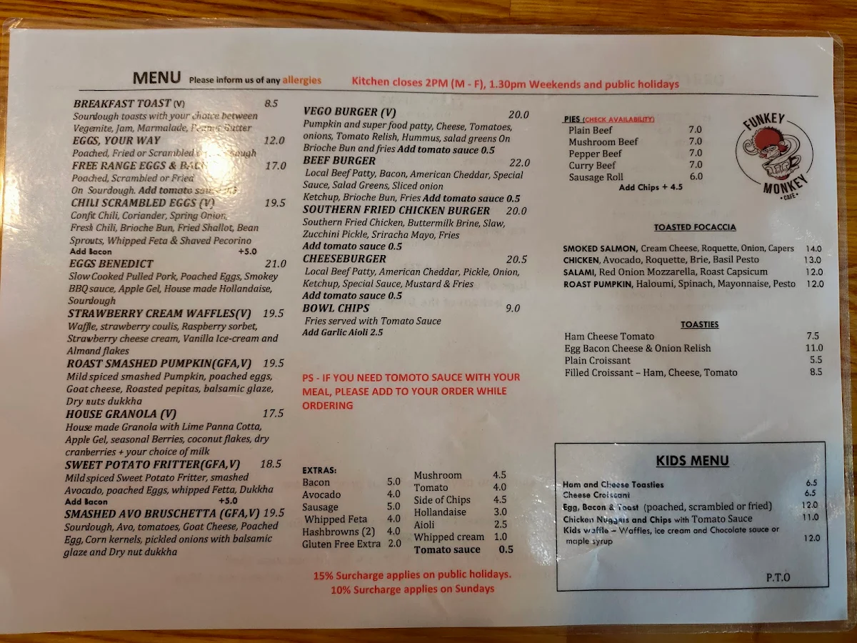 Menu, Funkey Monkey Cafe