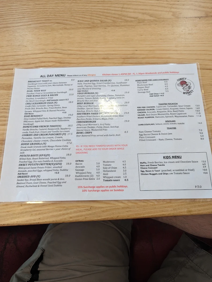 Menu, Funkey Monkey Cafe