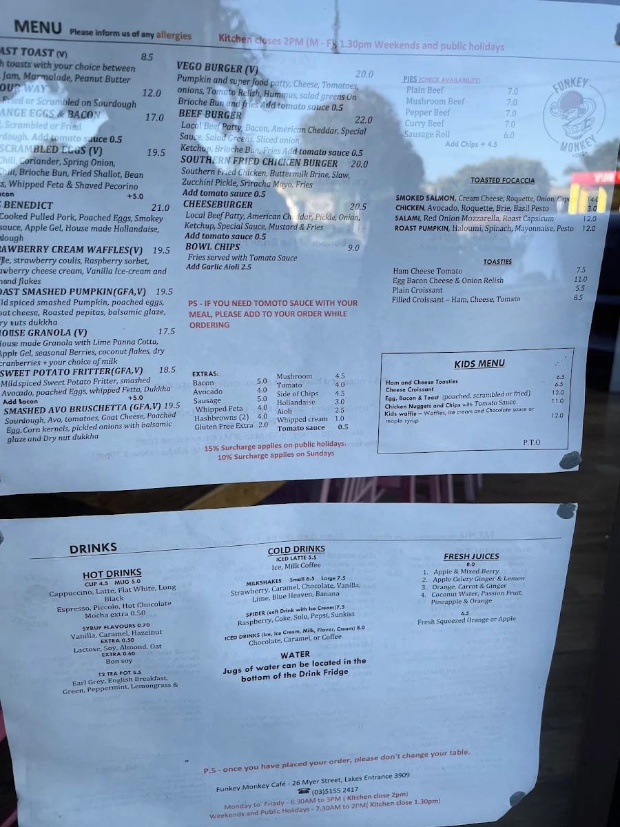 Menu, Funkey Monkey Cafe
