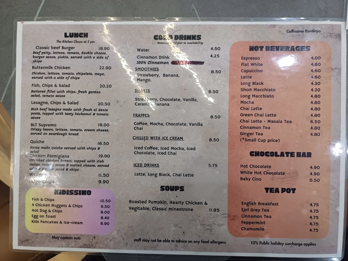 Menu, Caffissimo Kardinya