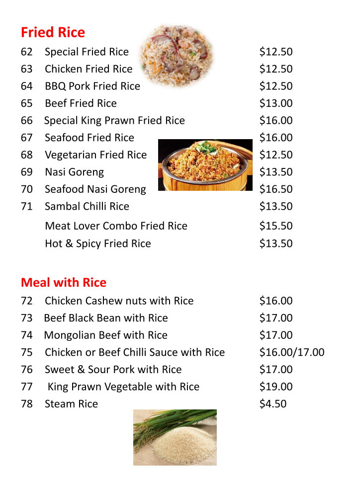 Menu, Noodle & Rice Asian Cuisine