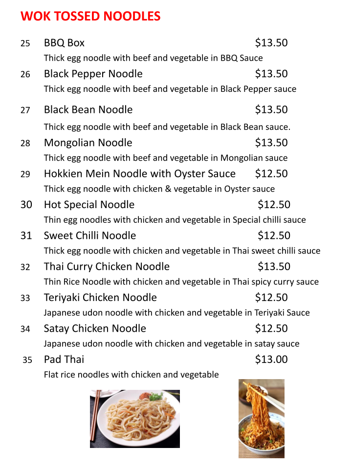 Menu, Noodle & Rice Asian Cuisine