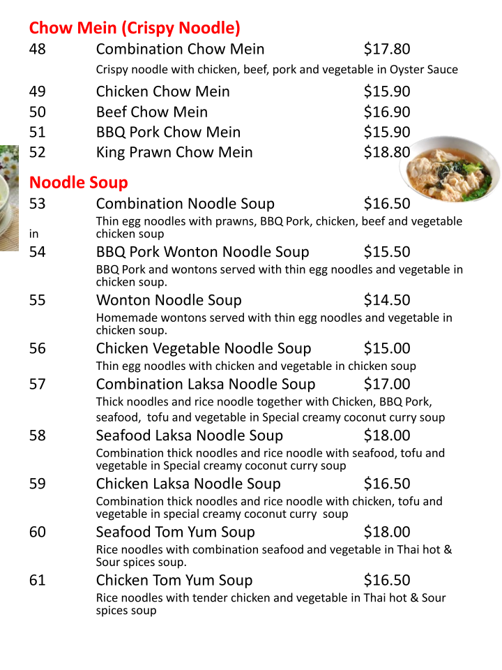 Menu, Noodle & Rice Asian Cuisine