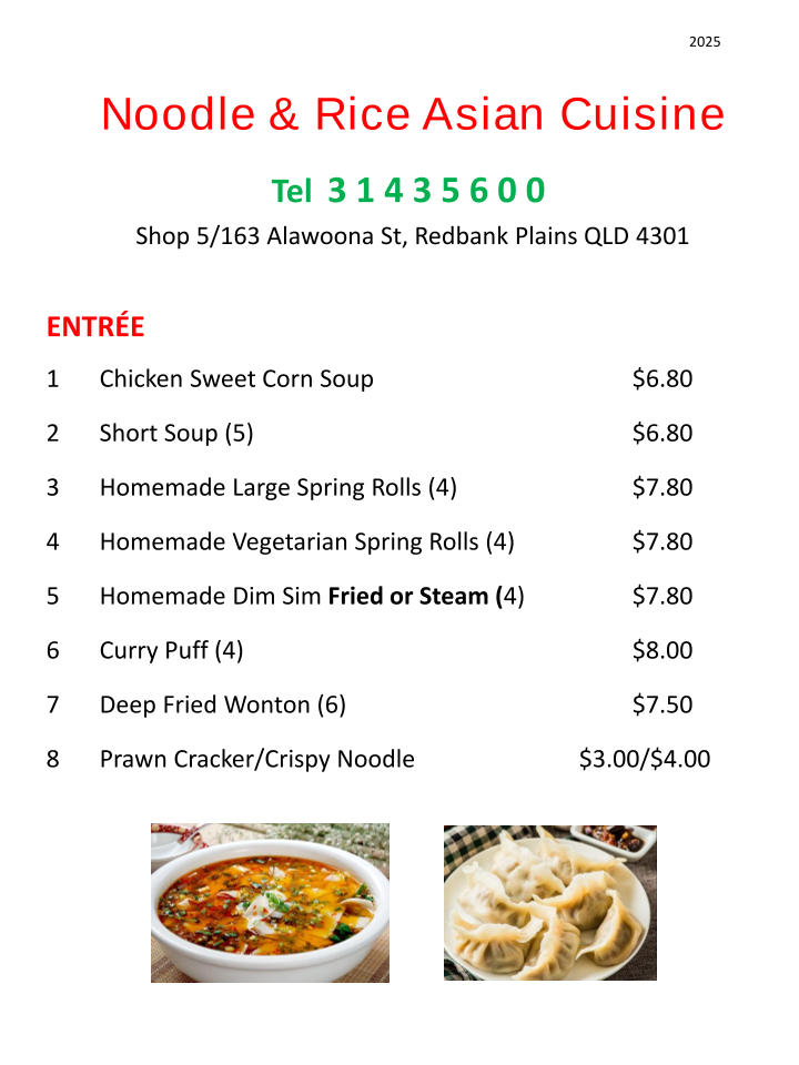 Menu, Noodle & Rice Asian Cuisine
