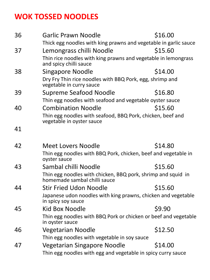 Menu, Noodle & Rice Asian Cuisine