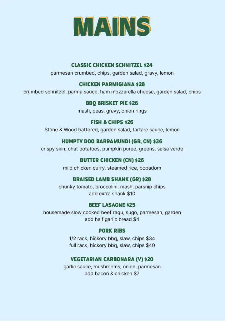 Menu, Centenary Tavern