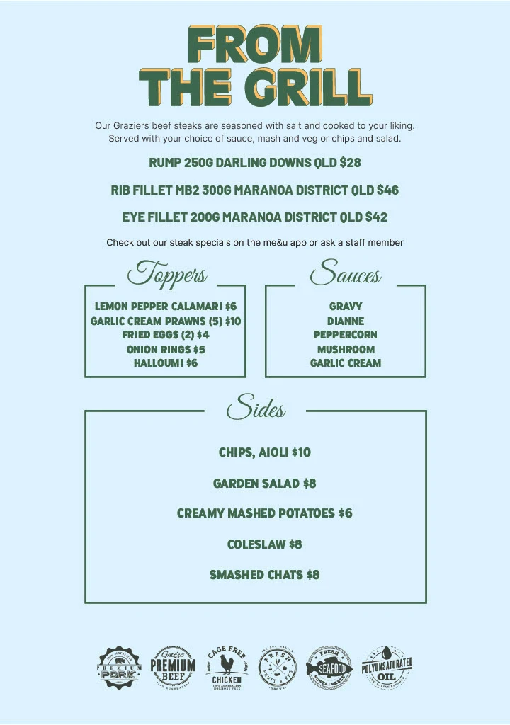 Menu, Centenary Tavern