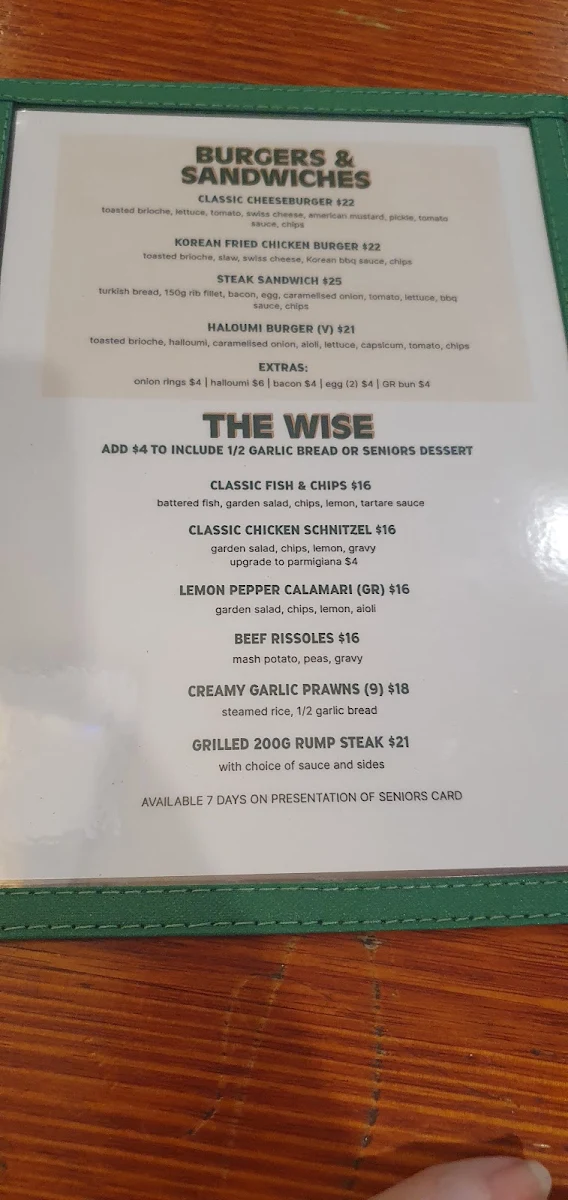 Menu, Centenary Tavern