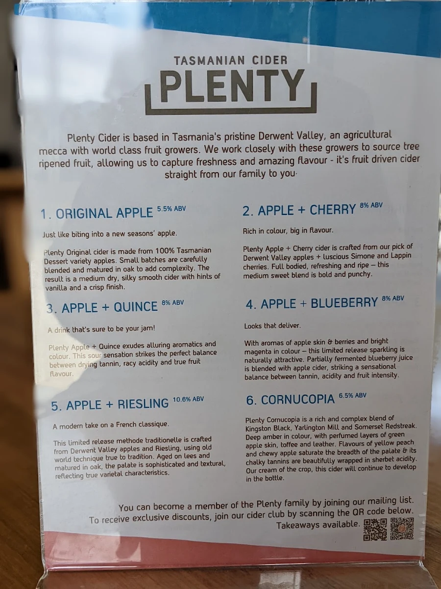 Menu, Plenty Cider