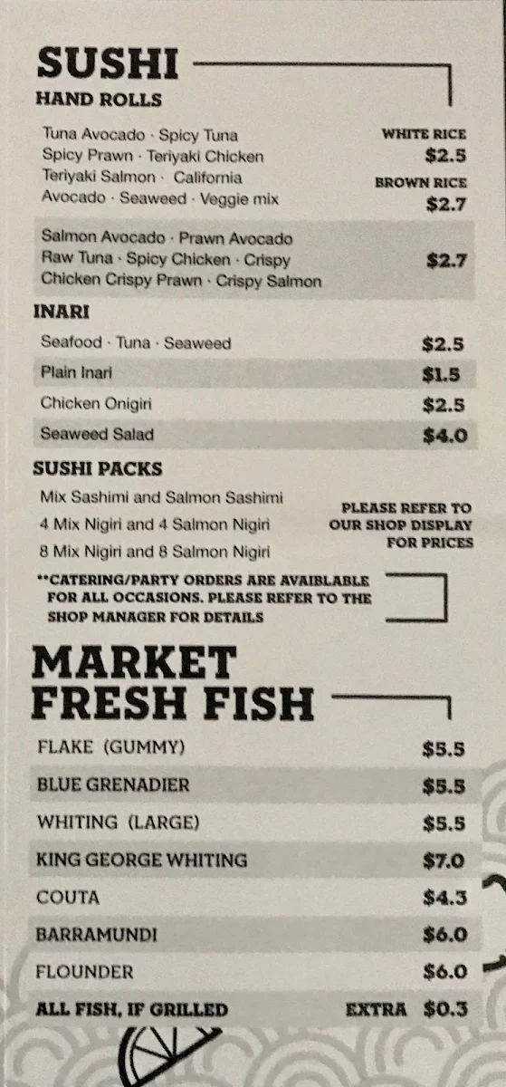 Menu, Zorbas Fish & Chips + Sushi