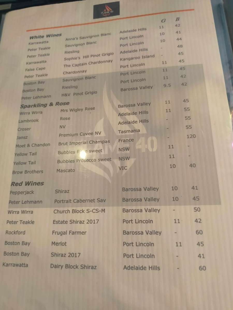 Menu, Flame 40