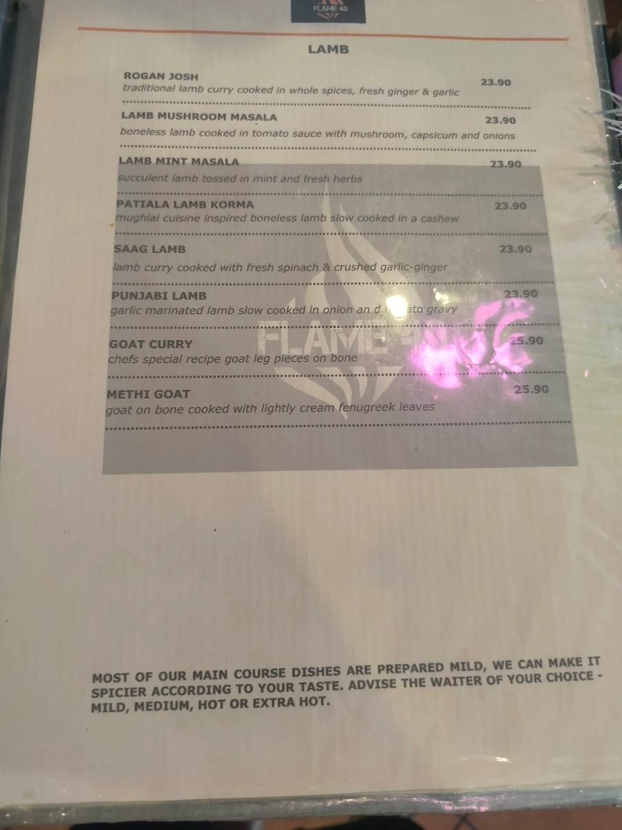Menu, Flame 40