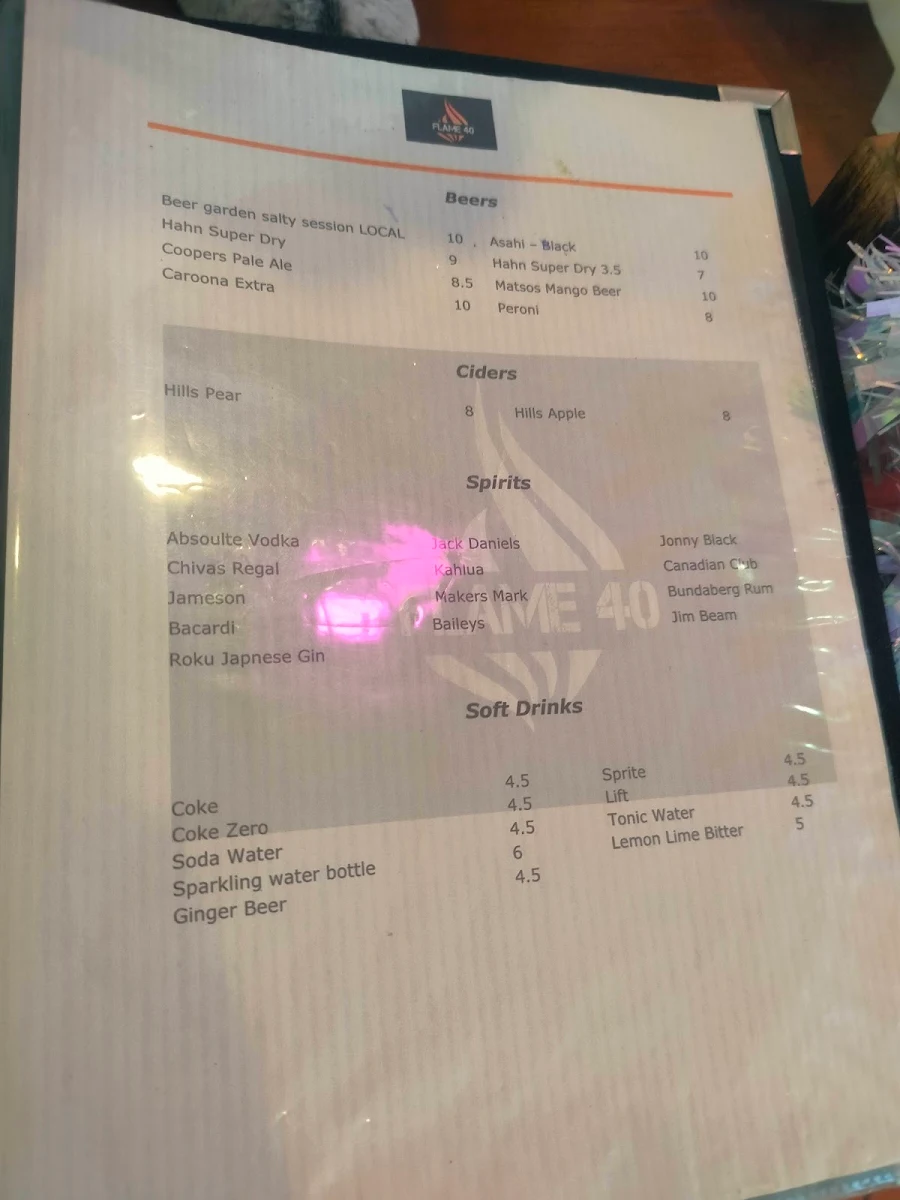Menu, Flame 40