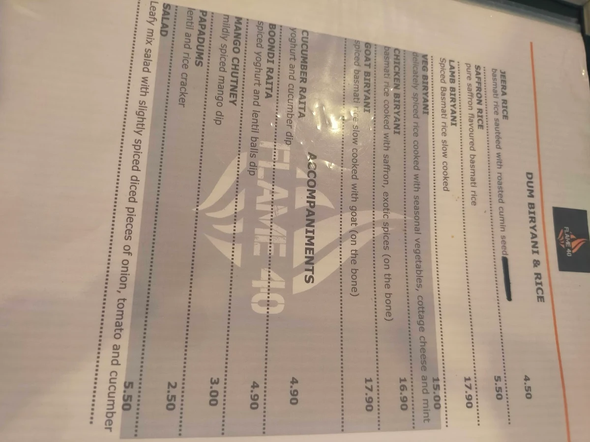 Menu, Flame 40