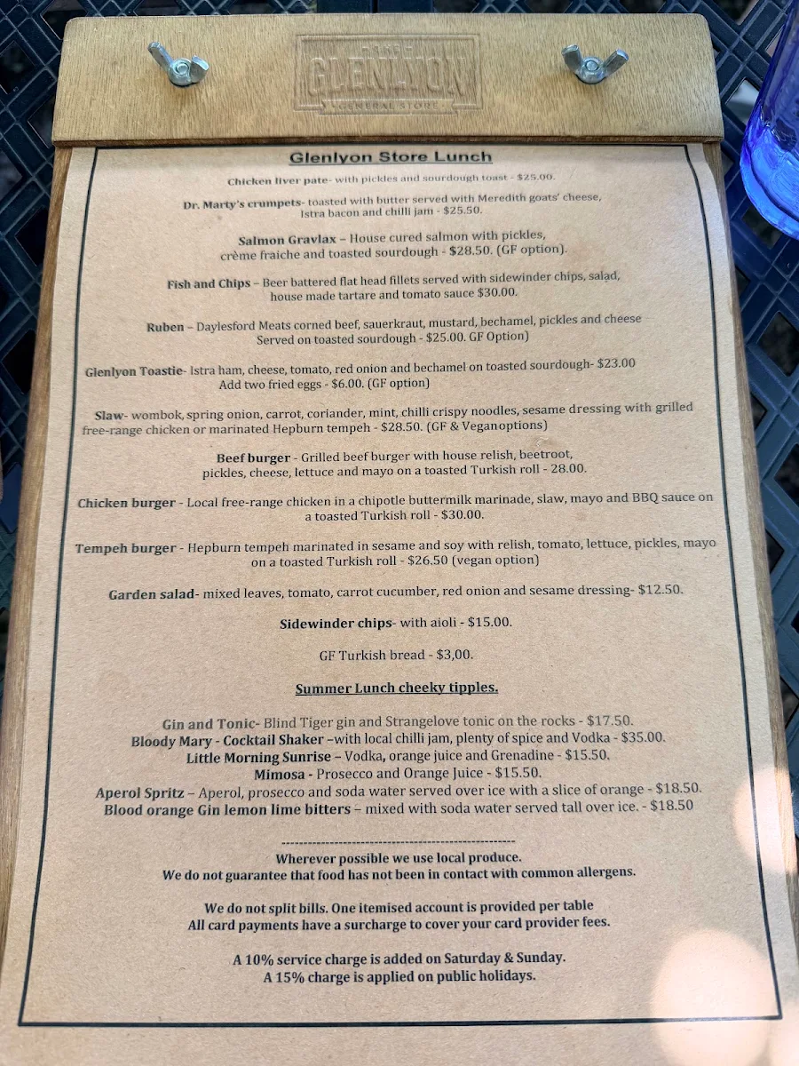 Menu, Glenlyon General Store
