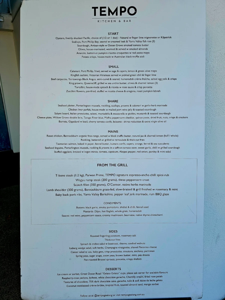 Menu, Tempo Kitchen & Bar