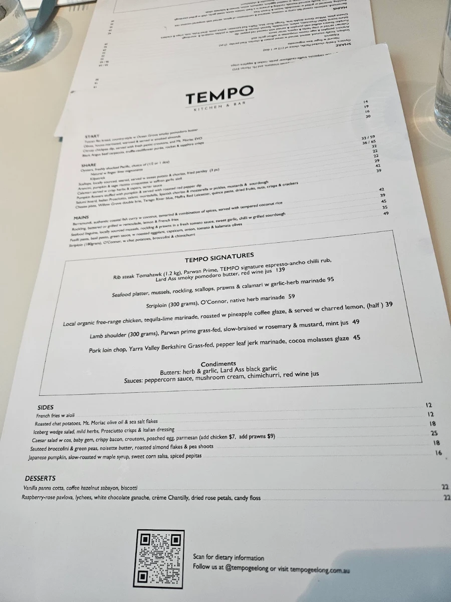 Menu, Tempo Kitchen & Bar