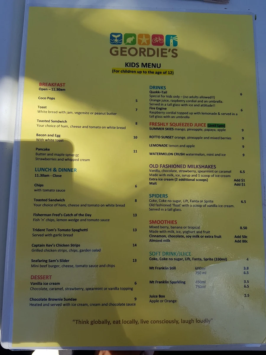 Menu, Geordie's Cafe & Art Gallery