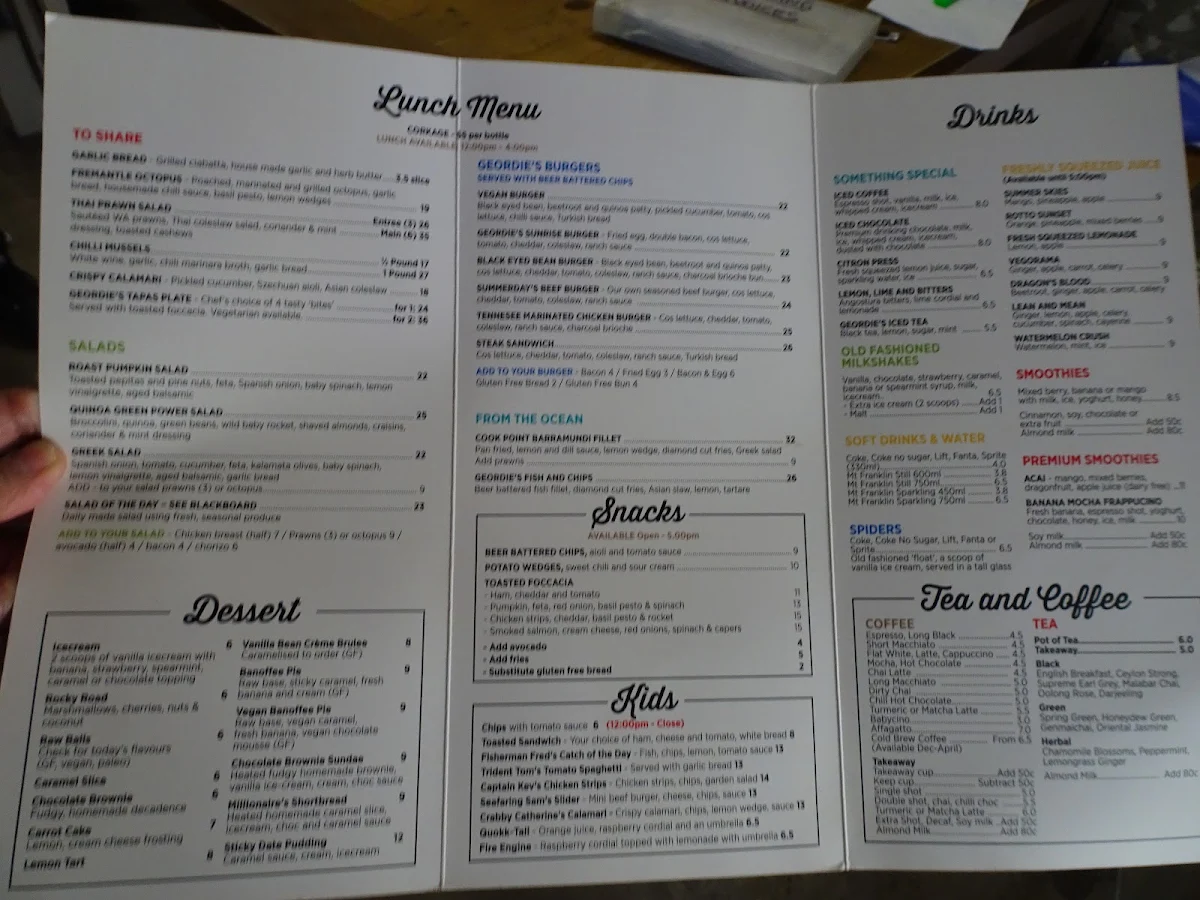 Menu, Geordie's Cafe & Art Gallery