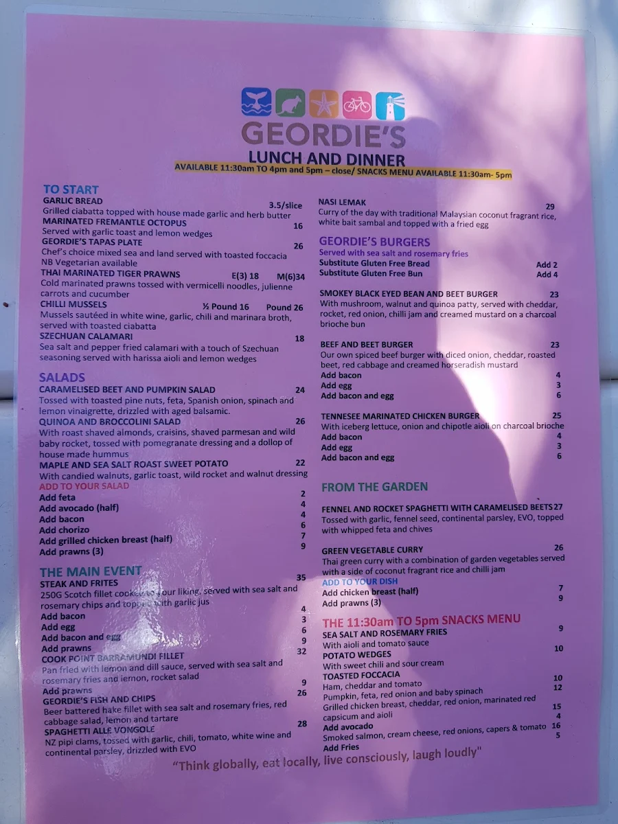 Menu, Geordie's Cafe & Art Gallery