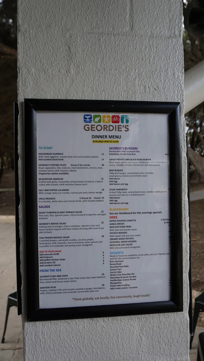 Menu, Geordie's Cafe & Art Gallery