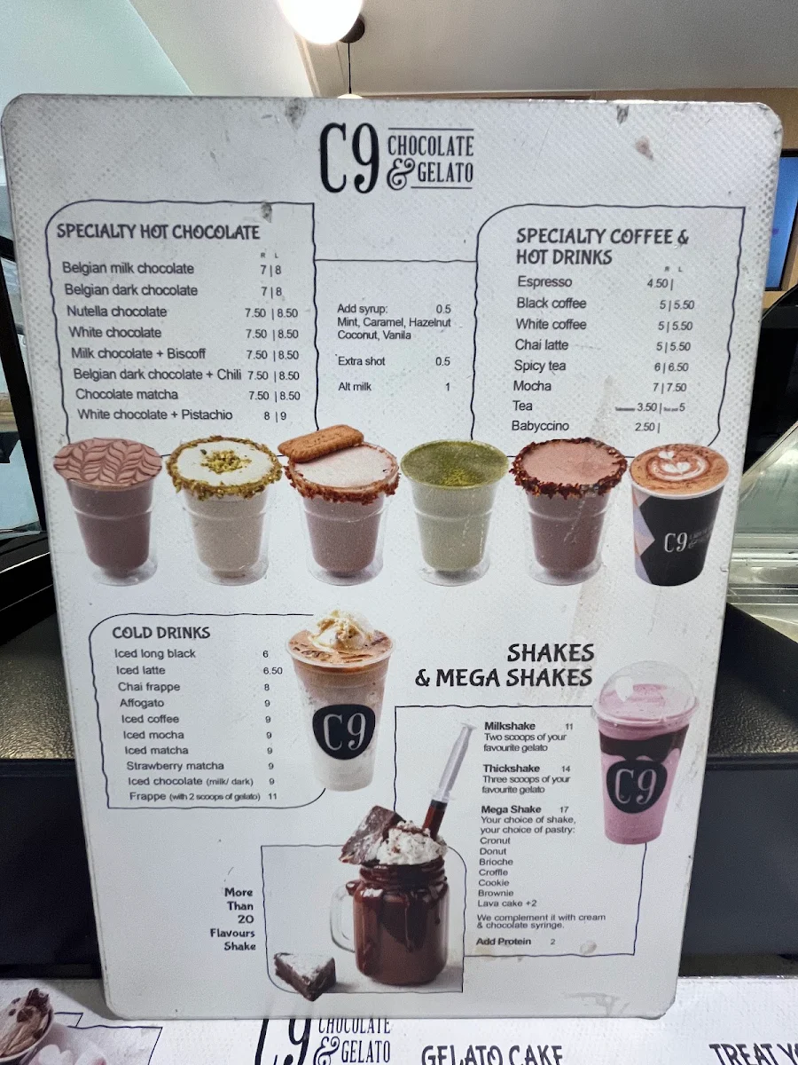 Menu, C9 Chocolate & Gelato Gosford