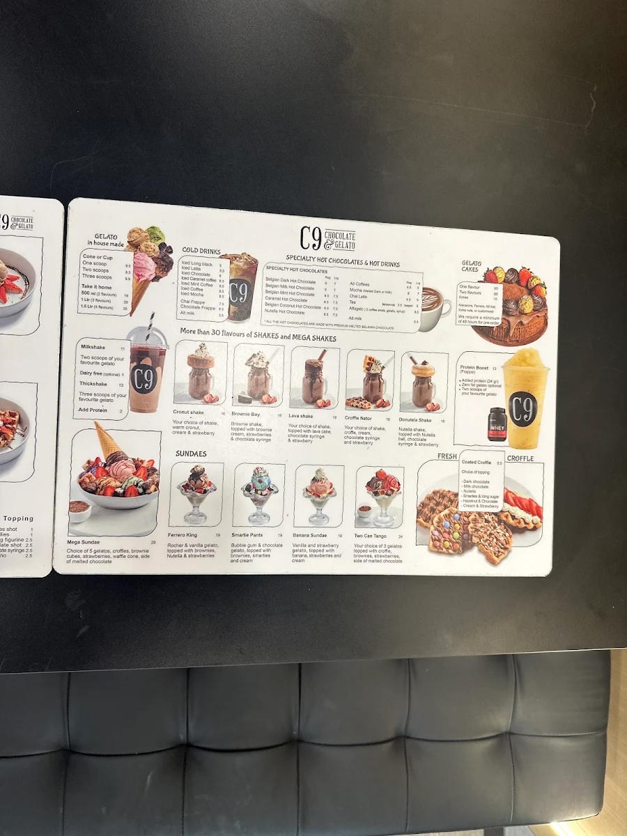 Menu, C9 Chocolate & Gelato Gosford