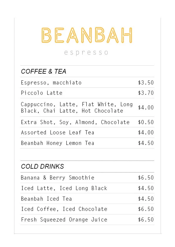 Menu, Beanbah Espresso