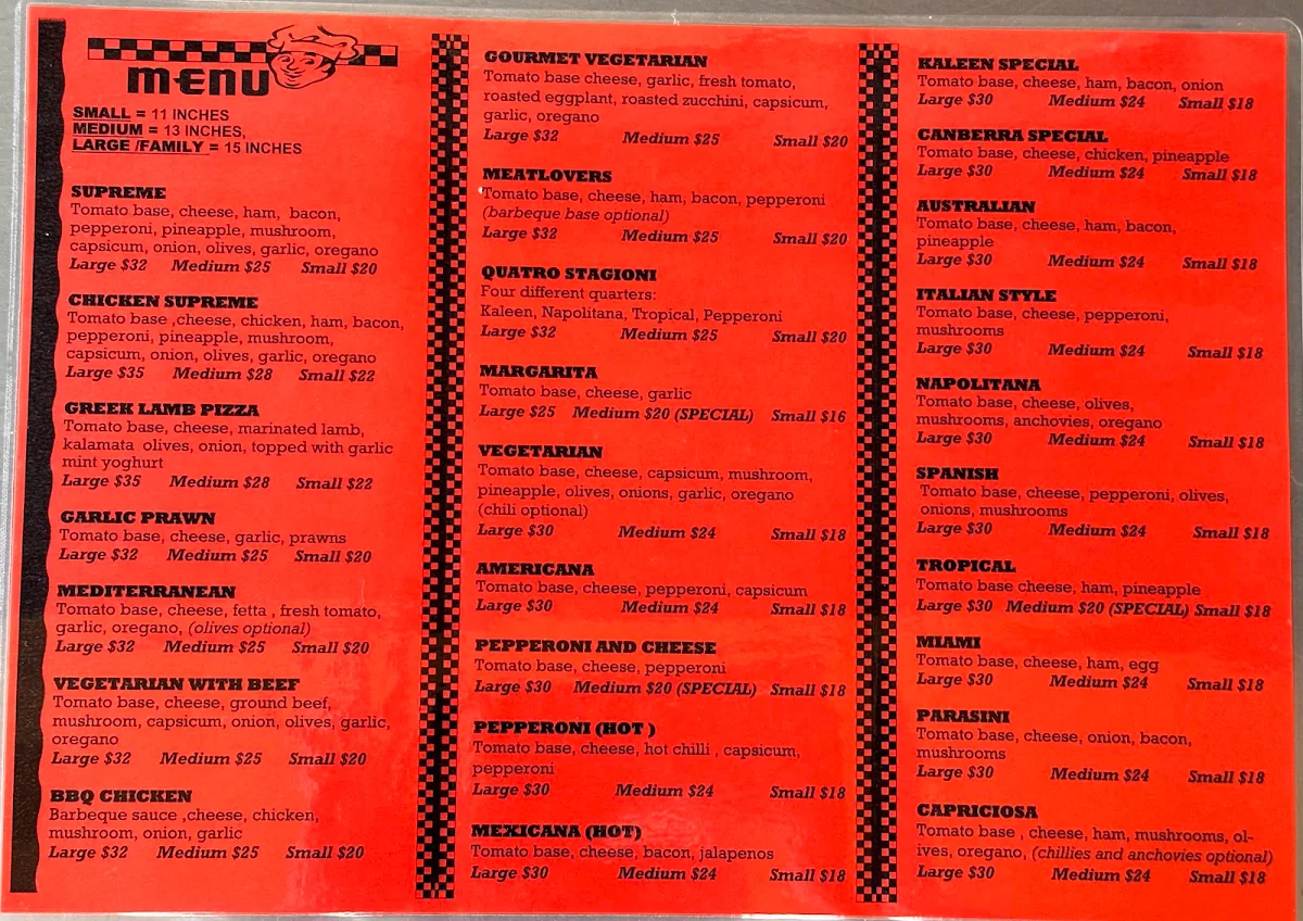 Menu, Kaleen Pizza & Snack Bar