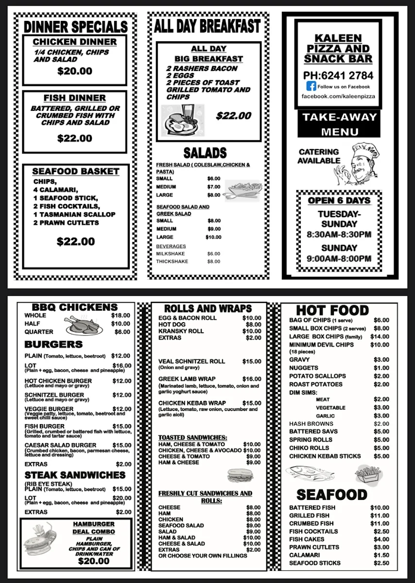 Menu, Kaleen Pizza & Snack Bar