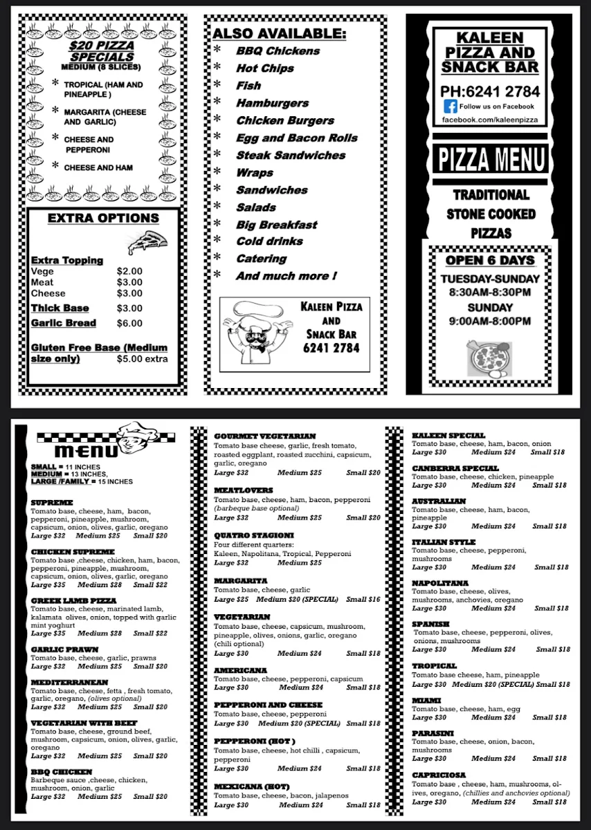 Menu, Kaleen Pizza & Snack Bar