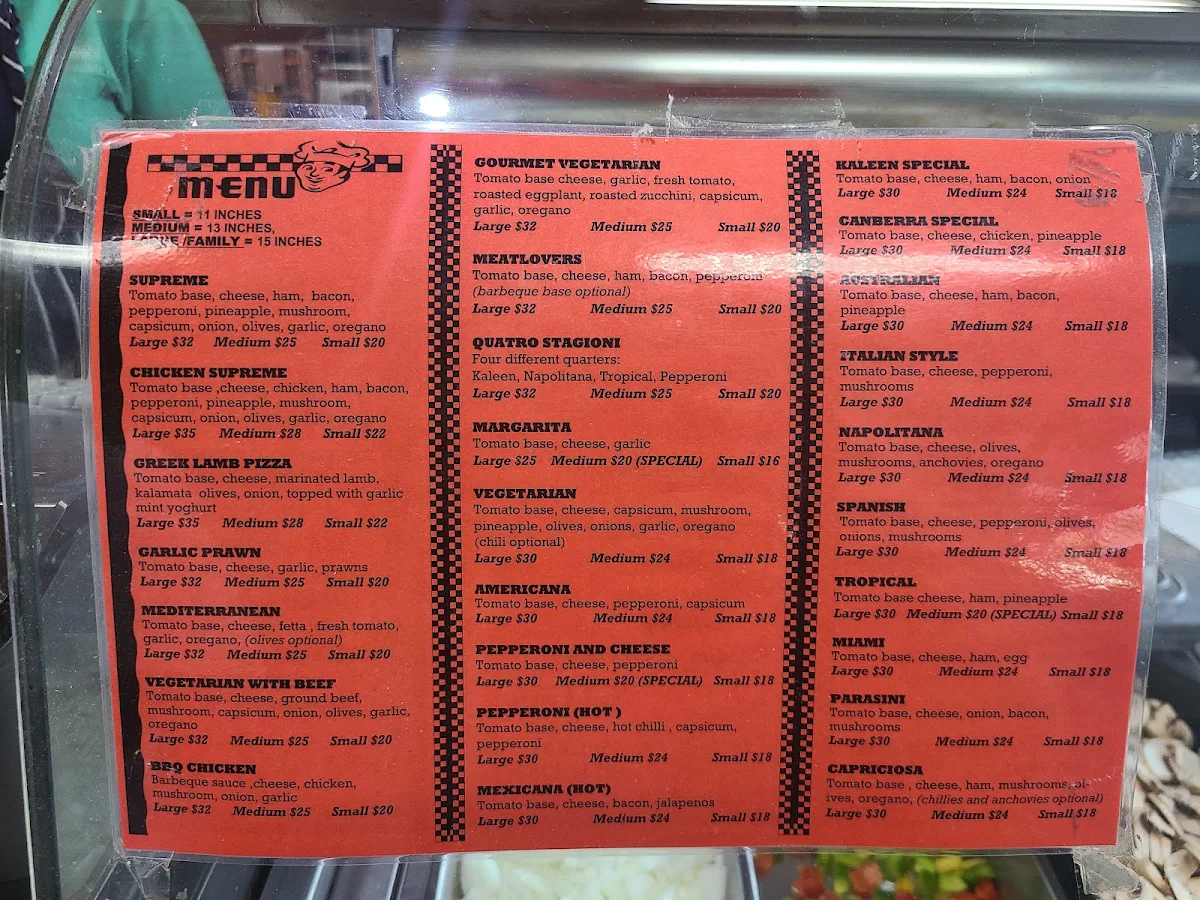 Menu, Kaleen Pizza & Snack Bar