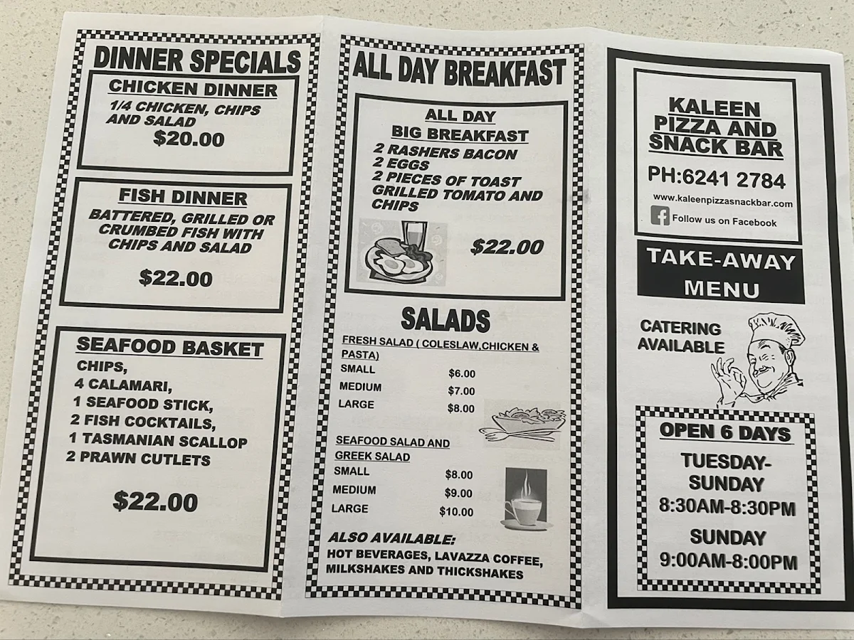 Menu, Kaleen Pizza & Snack Bar
