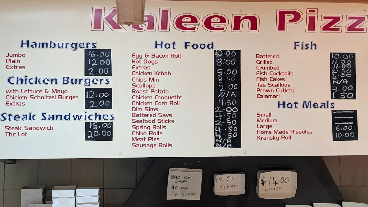 Menu, Kaleen Pizza & Snack Bar
