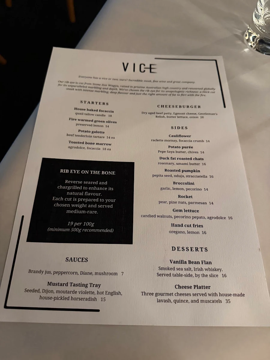 Menu, Vice Restaurant