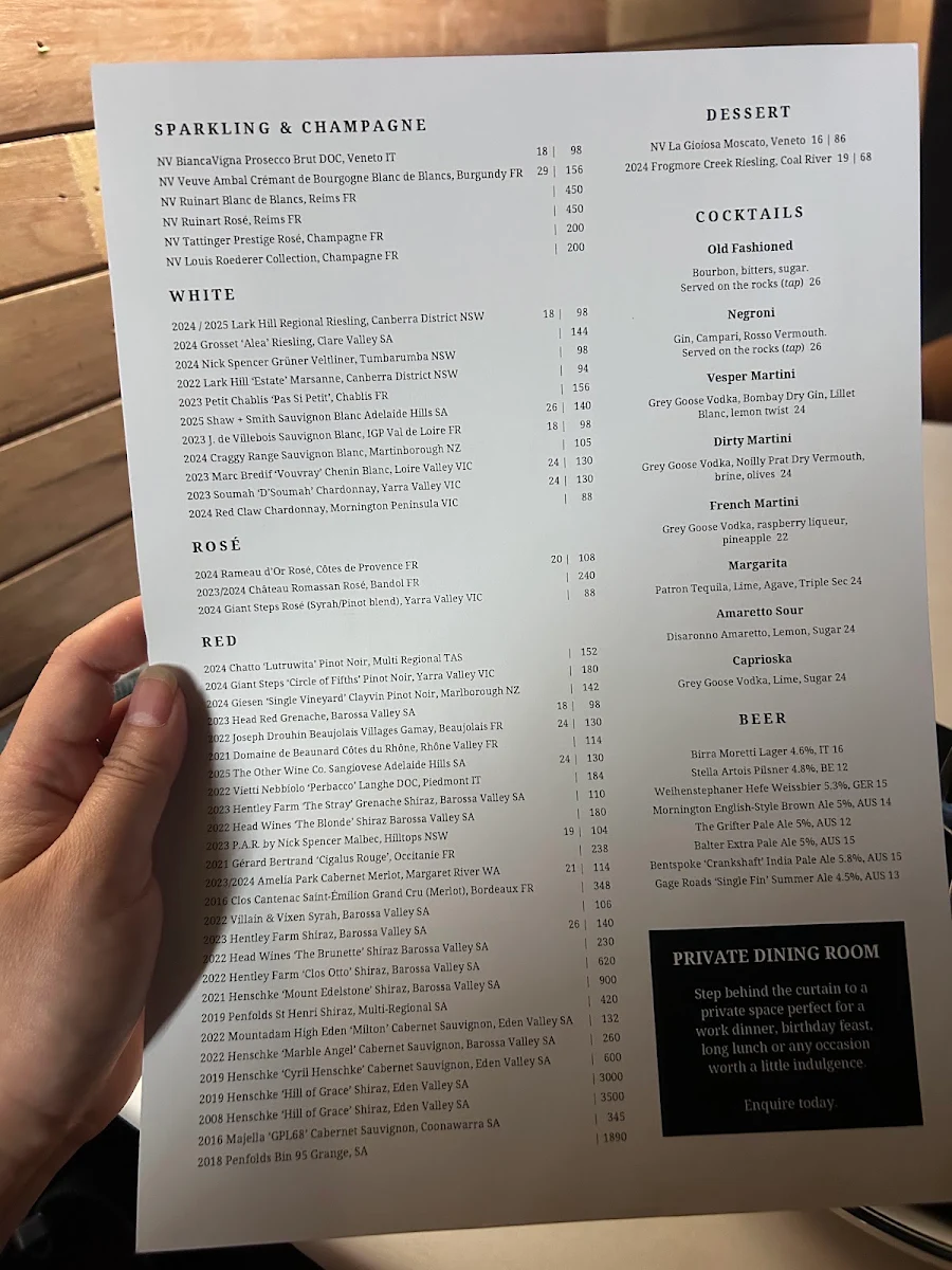Menu, Vice Restaurant