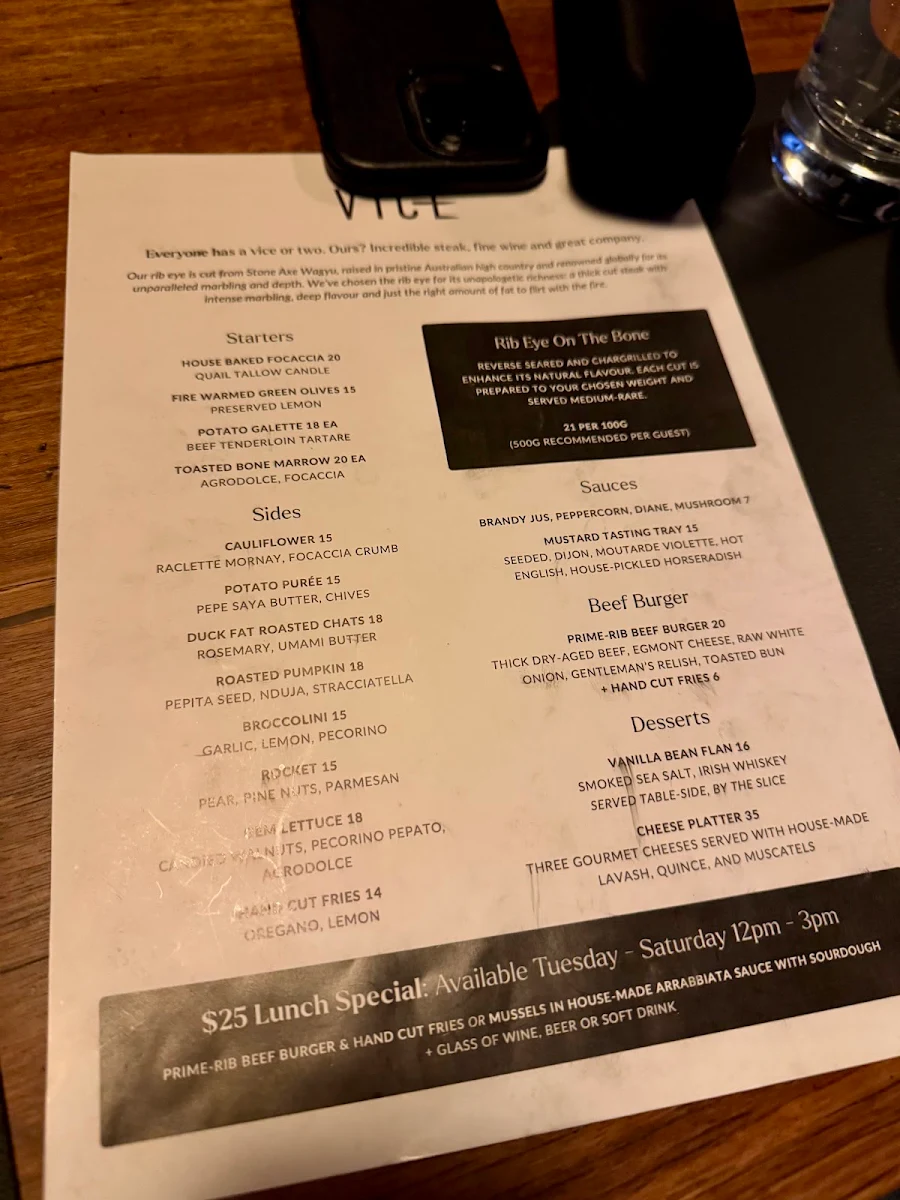 Menu, Vice Restaurant