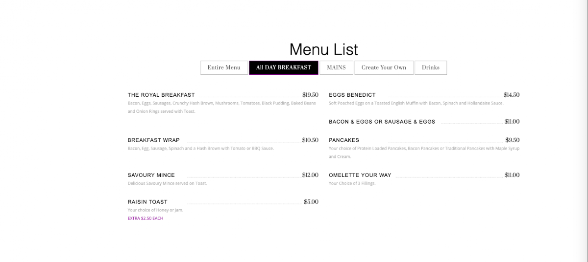 Menu, The Royal Café