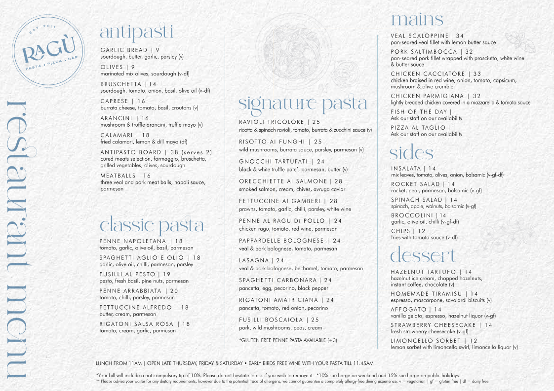 Menu, Ragu Pasta & Wine Bar
