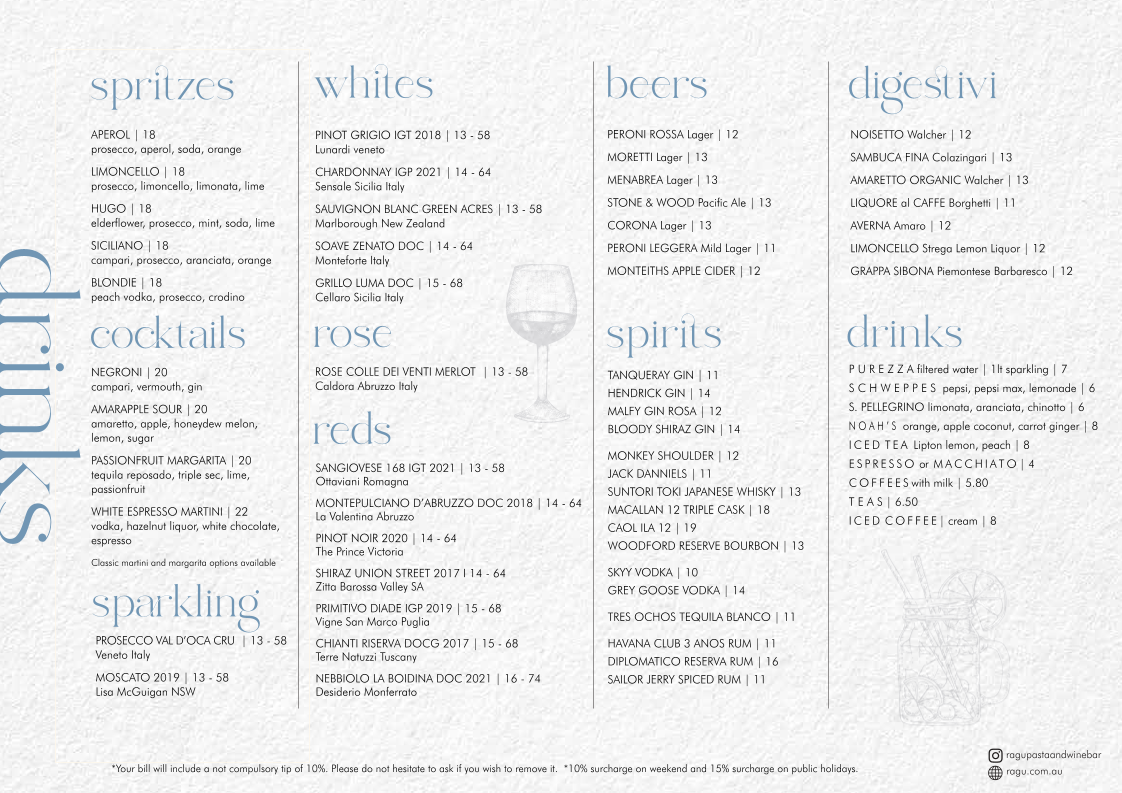 Menu, Ragu Pasta & Wine Bar