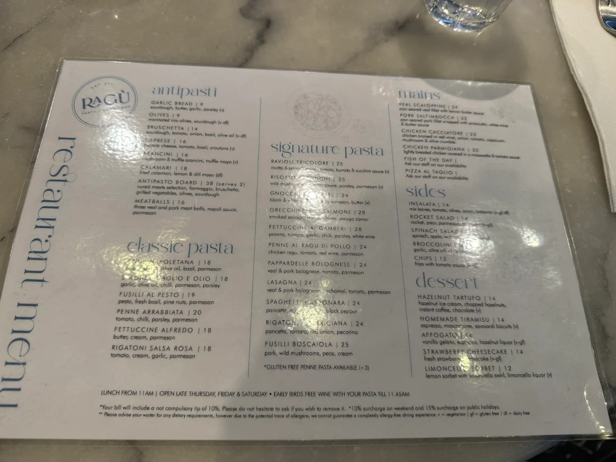 Menu, Ragu Pasta & Wine Bar