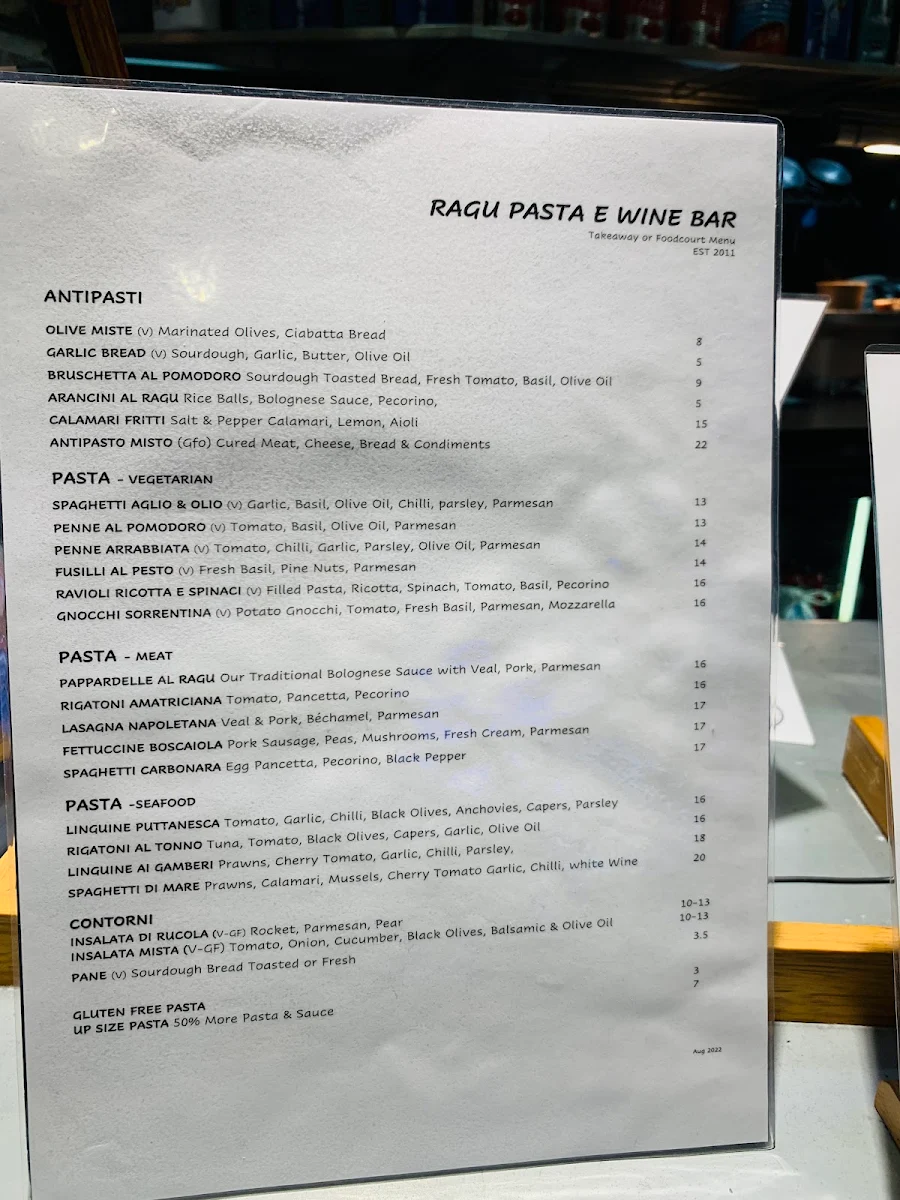 Menu, Ragu Pasta & Wine Bar