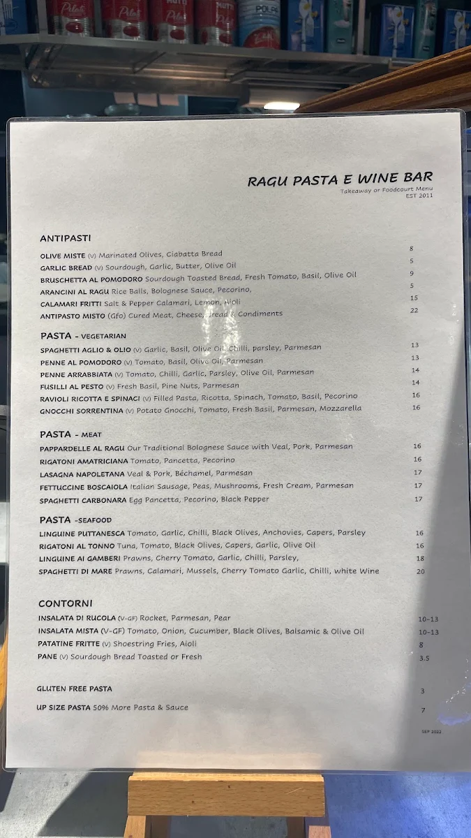 Menu, Ragu Pasta & Wine Bar